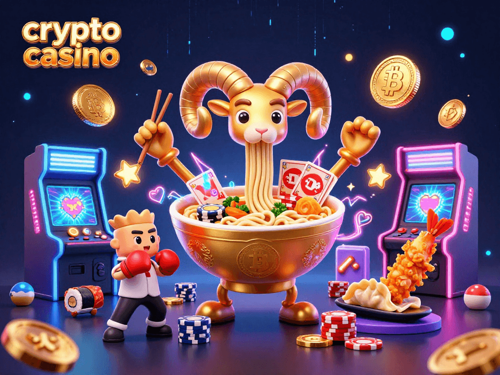 Engage in a vibrant crypto casino scene featuring a giant ramen bowl dealer and energetic characters.
