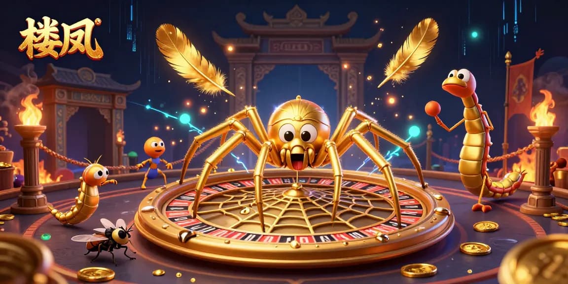 Engage in 楼凤 betting with dynamic casino elements featuring a golden spider spinning a roulette wheel web.