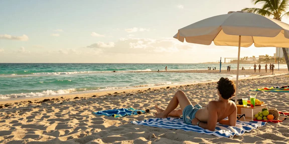 Pengunjung bersantai di pantai Miami saat golden hour, menikmati suasana indah di https://miami4d.com/.