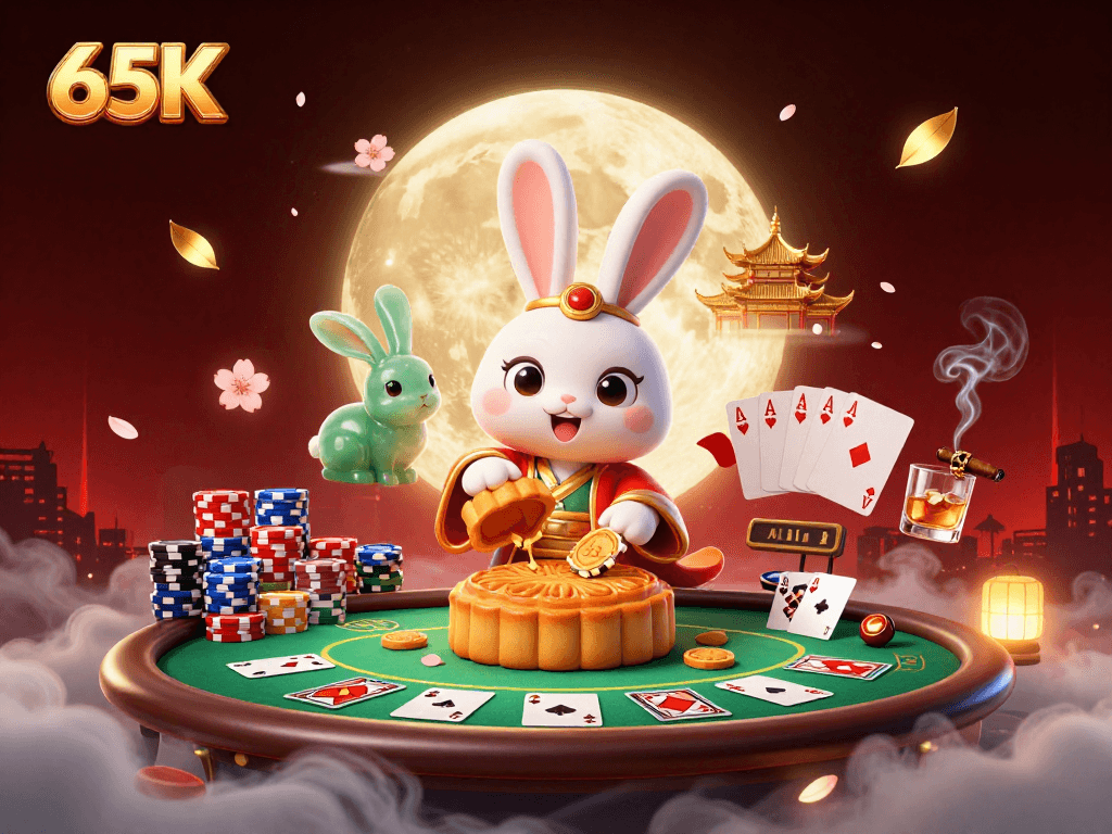 Aposte e ganhe com a magia do 65K ao lado do coelho da lua e fichas de poker em cena vibrante.
