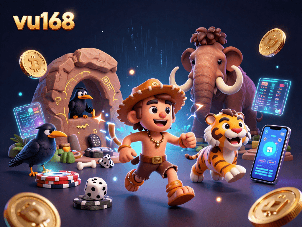 Experience engaging gameplay at vu168 with vibrant 3D characters and neon crypto elements in a dynamic casino.