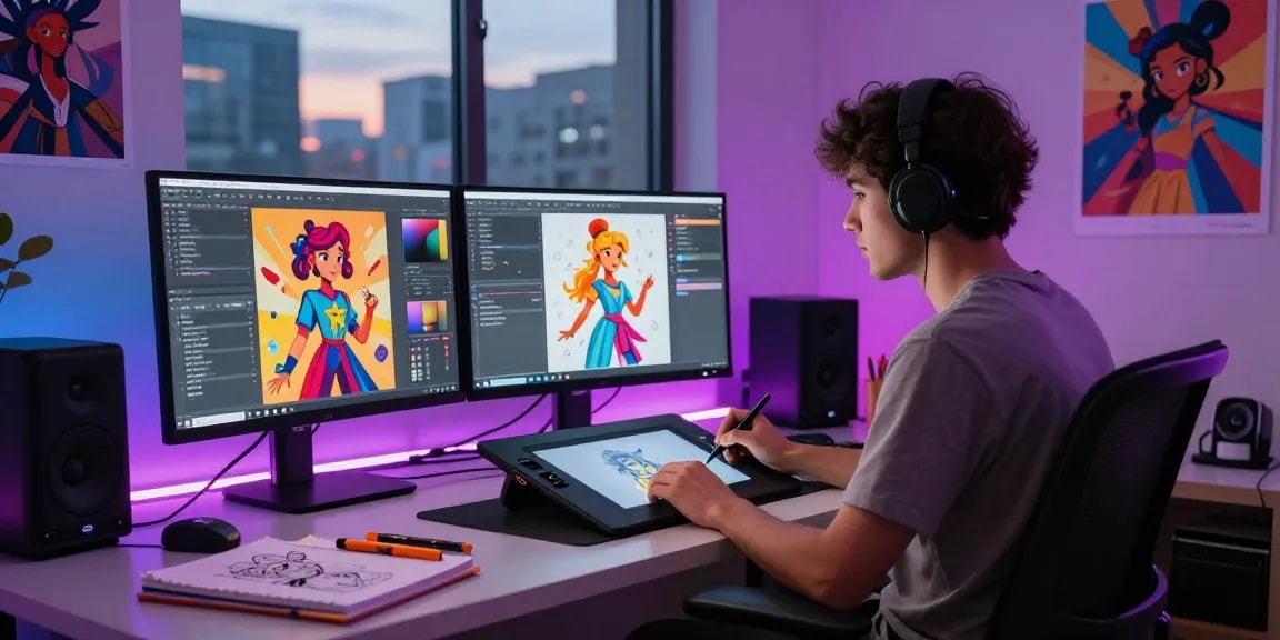Artist creating engaging NSFW AI characters in a vibrant digital studio