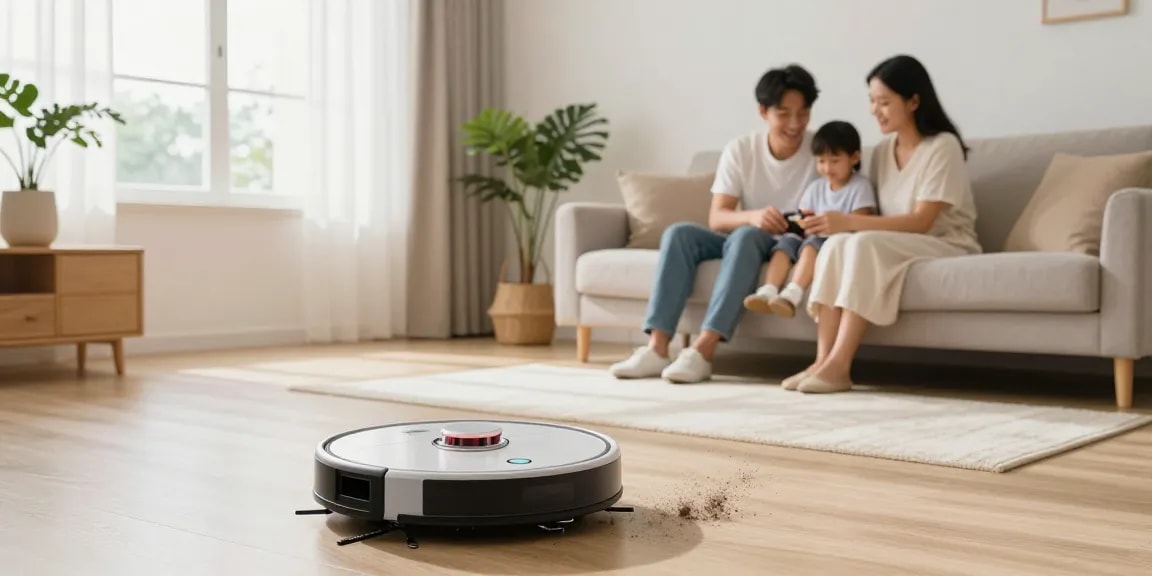 The best robot vacuum 2026 in action, seamlessly cleaning a stylish living room with happy family members.