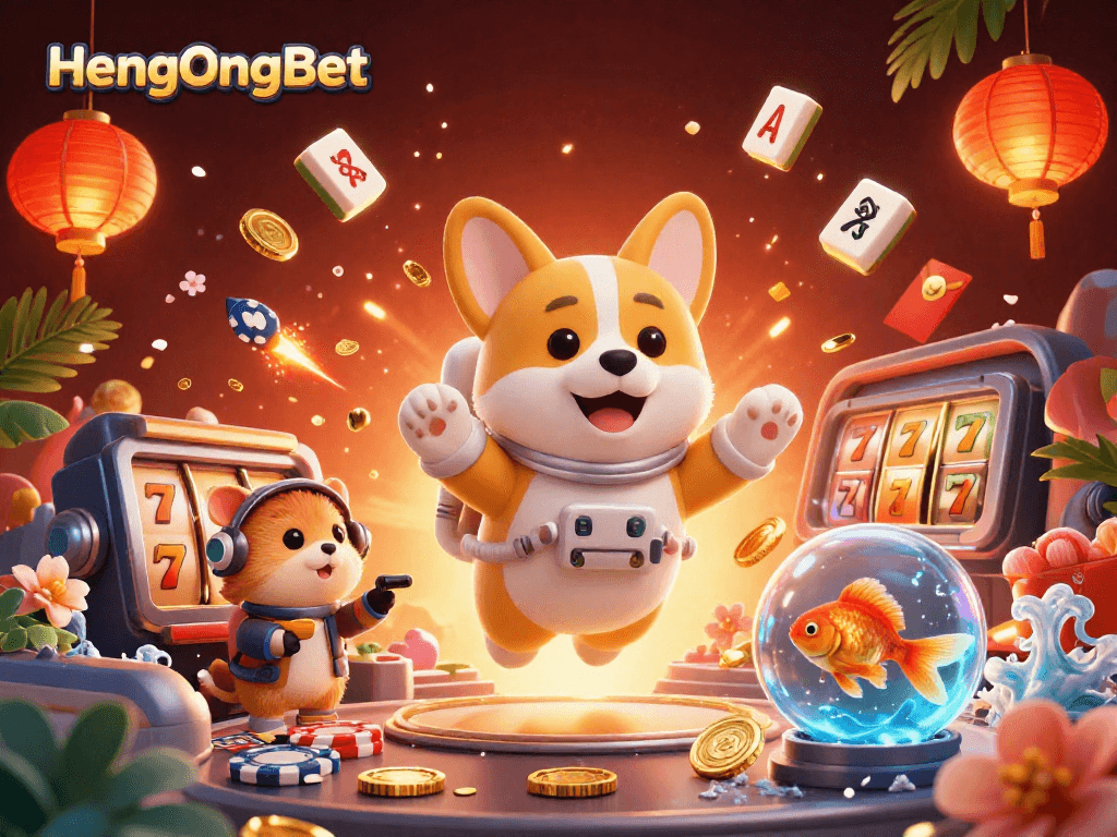 Engage in thrilling gameplay at HengOngBet with a vibrant space casino scene featuring fun characters and rich elements.