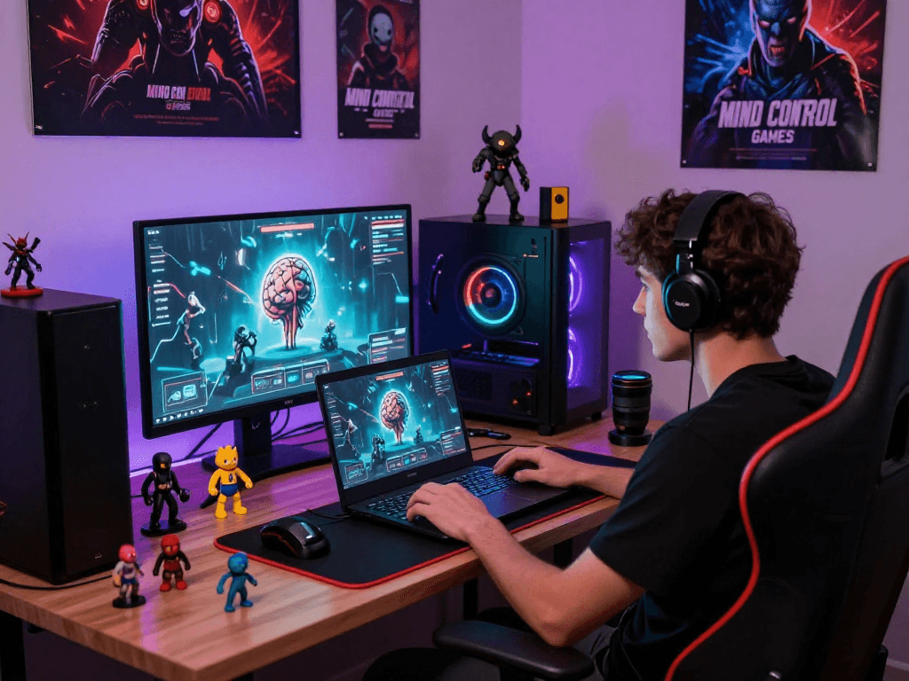 Explore mind control porn-themed games in an immersive setup showcasing vibrant graphics and gaming culture.