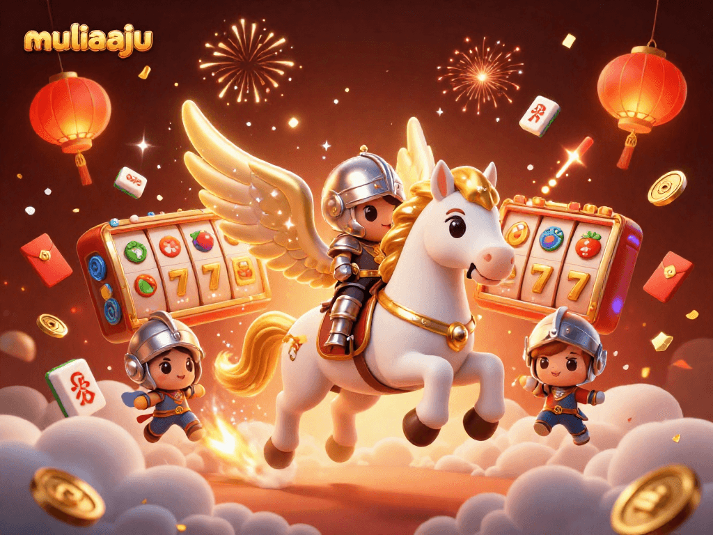 Experience thrilling jackpots at muliaaju with a lively scene of a celestial horse and lucky elements.