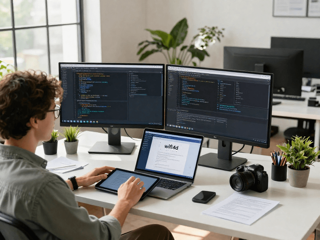 Workspace modern dengan tampilan wifi4d, pengembang bekerja dengan laptop dan monitor di lingkungan yang cerah.