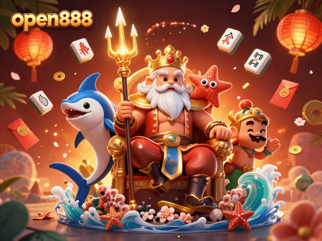 Experience the thrill of open888 with Neptune and treasures in this vibrant casino-themed illustration.