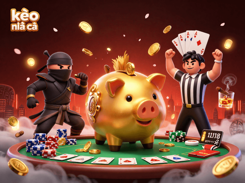 Engage with kèo nhà cái through dynamic scene depicting a piggy bank sumo wrestler and coins raining down.
