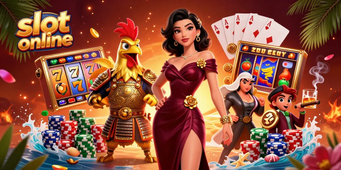 Engaging scene illustrating slot online gaming action with a glamorous woman and a rooster warrior.