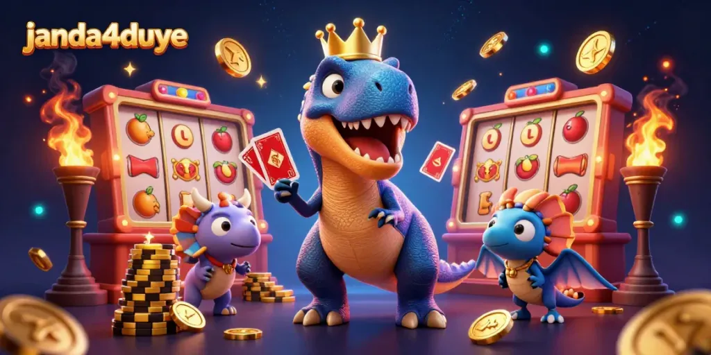 Permainan slot di janda4duye dengan T-Rex yang menggenggam kartu dan dinosaurus lain mengumpulkan chip emas.