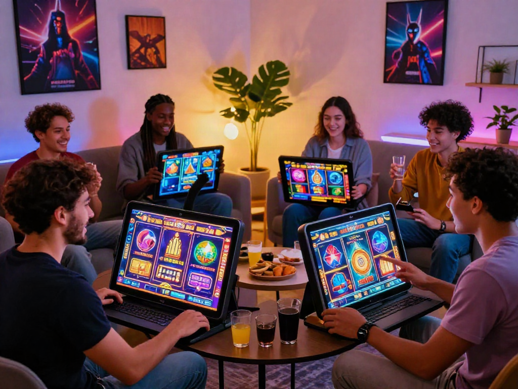 Friends enjoying engaging slot online games on a tablet in cozy living room.