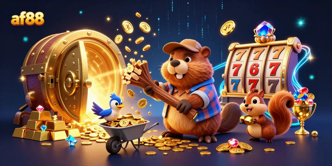Experience winning moments with af88 as a colorful beaver, bird, and squirrel gather coins in an exciting casino scene.