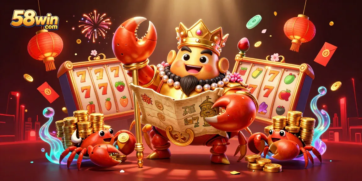 Experience excitement at 58win com with a golden crab emperor among vibrant gaming elements.