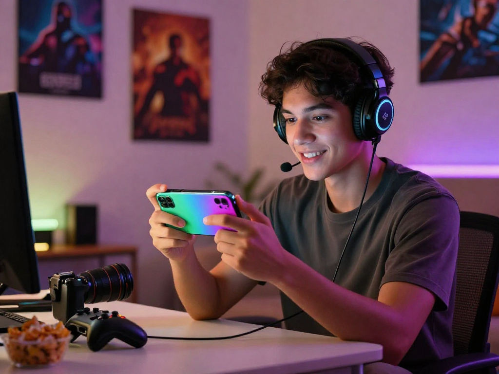 Mobile gaming setup showcasing mpocash.blog, with a gamer enjoying a vibrant smartphone experience.