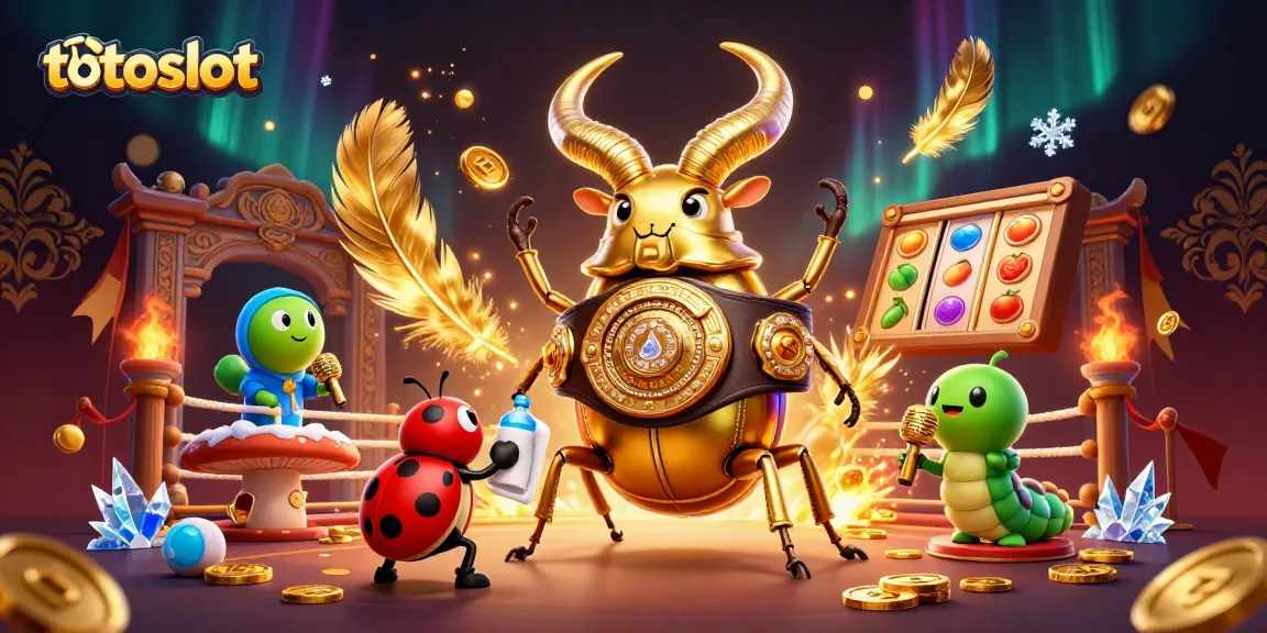Totoslot showcases vibrant slot gaming action with a giant golden stag beetle, colorful reels, and thrilling betting atmosphere.