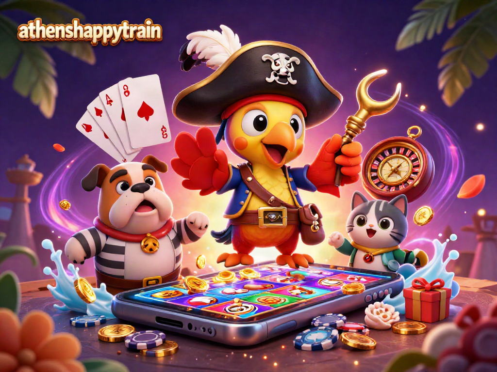 Athenshappytrain showcases a vibrant pirate-themed casino scene with dynamic gaming features and characters.