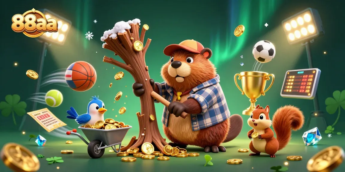 Experience gaming excitement with 88aa's cartoon scene featuring sports elements and golden treasures.