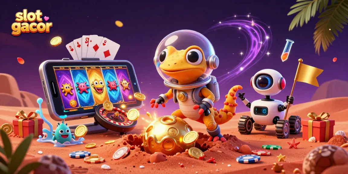 Engage with "slot gacor" in a vibrant casino illustration featuring a Martian gecko and cosmic elements.