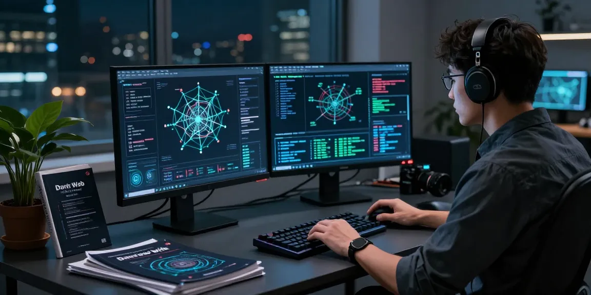 Researcher analyzing dark web data on dual monitors, exploring the hidden wiki.