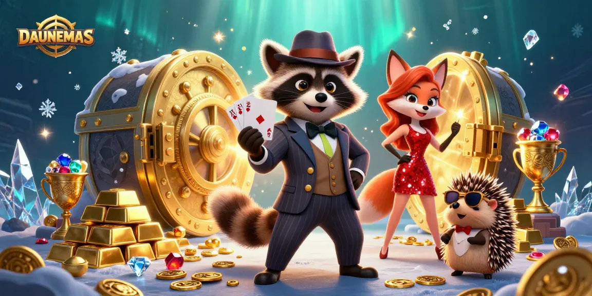 Experience thrilling wins with DAUNEMAS at this vibrant casino scene featuring colorful characters and gold treasures.