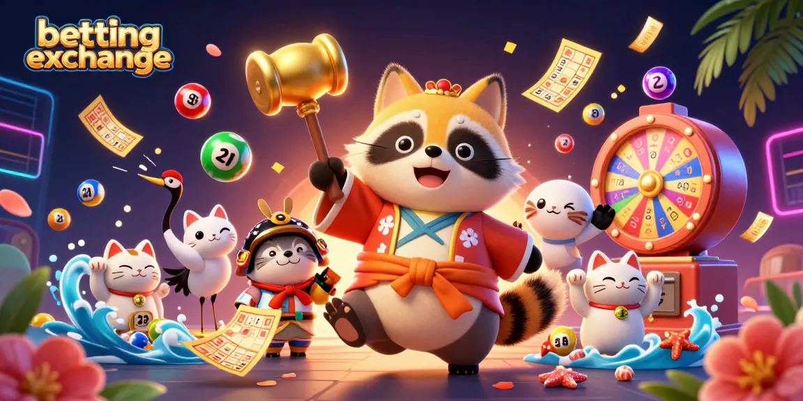 Experience the excitement of a betting exchange with a raccoon and lucky cats in vibrant 3D illustration.