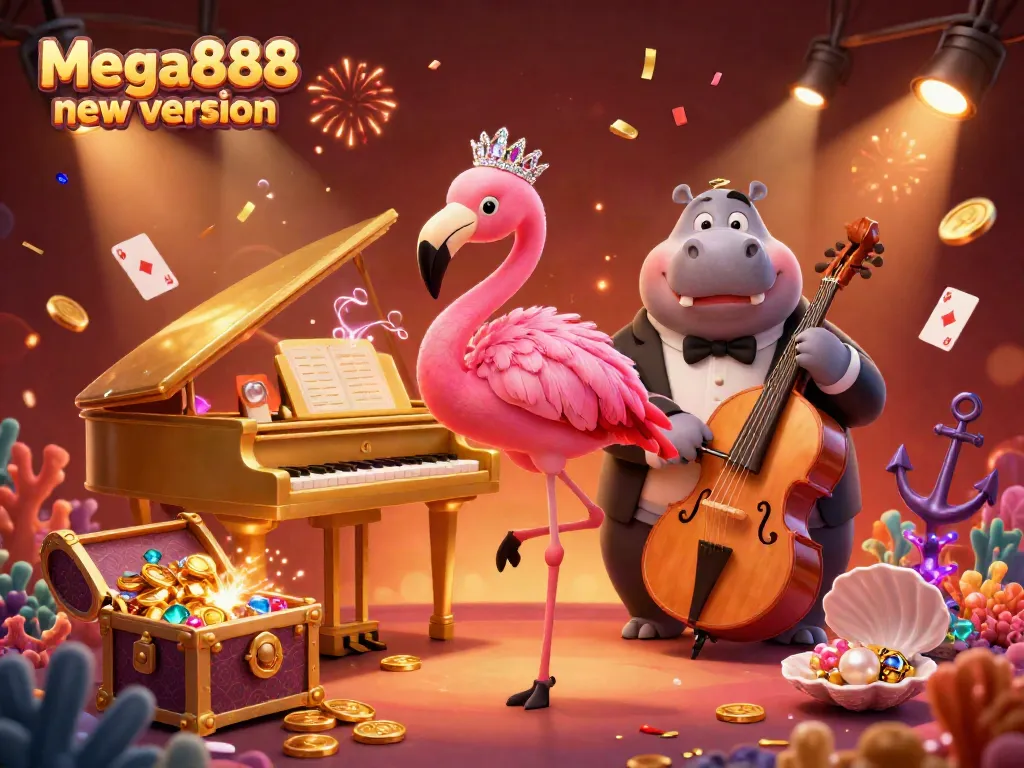 Experience the excitement of Mega888 new version with a vibrant casino scene featuring a flamingo and bass player.