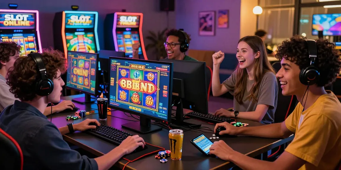 Friends enjoying a session of SLOT ONLINE with screens displaying exciting graphics and gaming accessories.