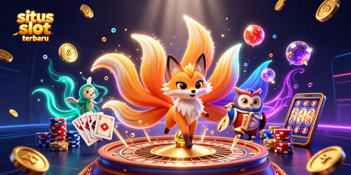 Situs slot online terbaru showcases a vibrant illustration featuring a nine-tailed fox spirit, wise owl, and dynamic casino elements like coins and slot reels.