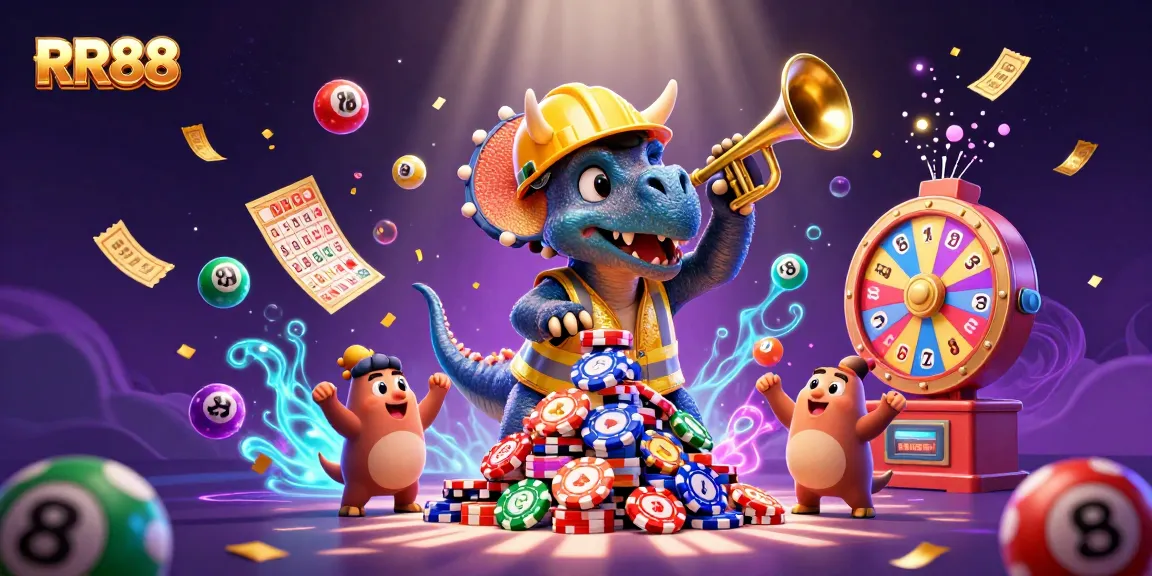 RR88 celebrates with cheerful characters amidst a vibrant scene of casino excitement.