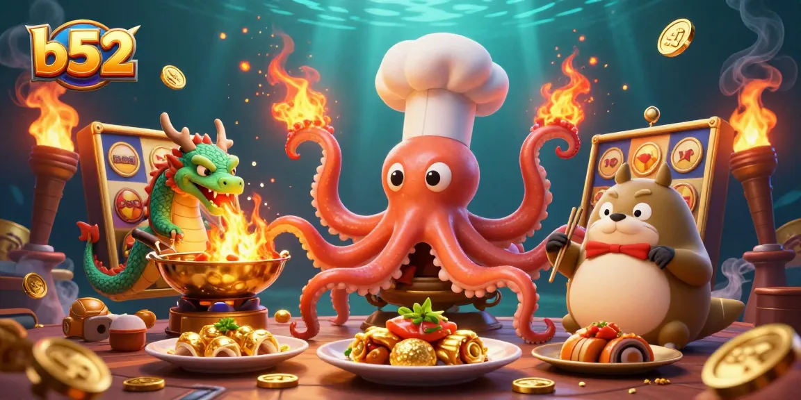 B52 casino scene featuring an octopus chef and dragon with vibrant slot machine elements.