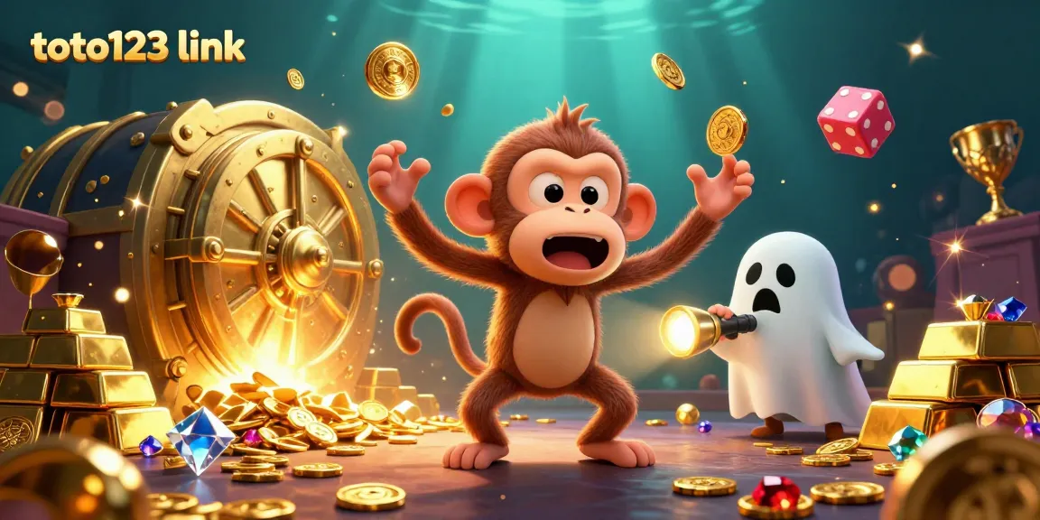 Experience the excitement of gambling with toto123 link, featuring a playful monkey and a curious puppy amid a treasure-filled casino.