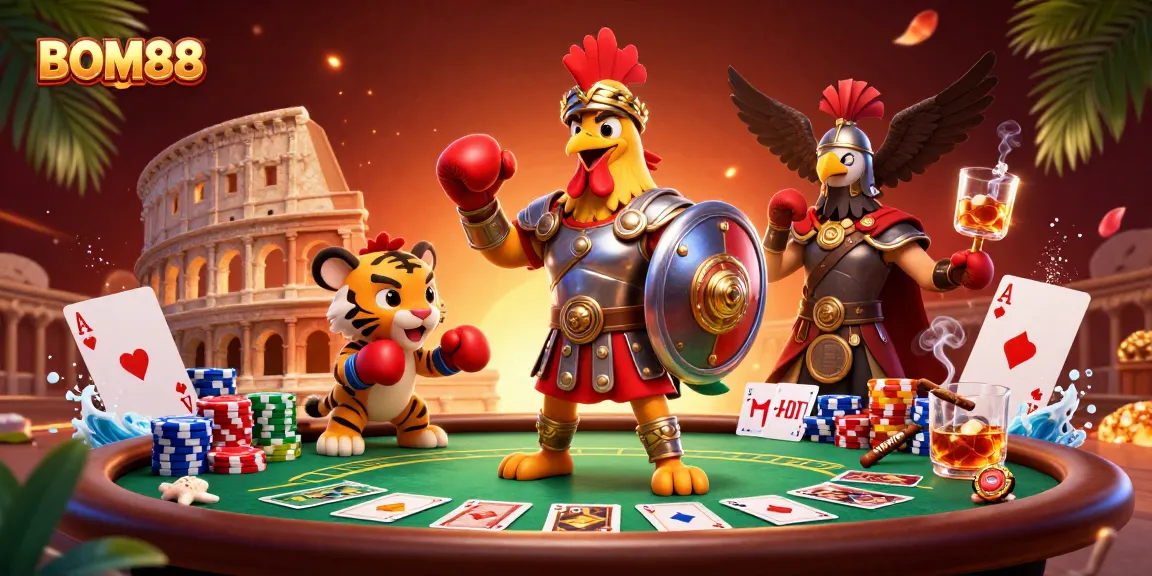 BOM88 engages players with an energetic casino scene featuring a gladiator rooster, poker elements, and vibrant animation.