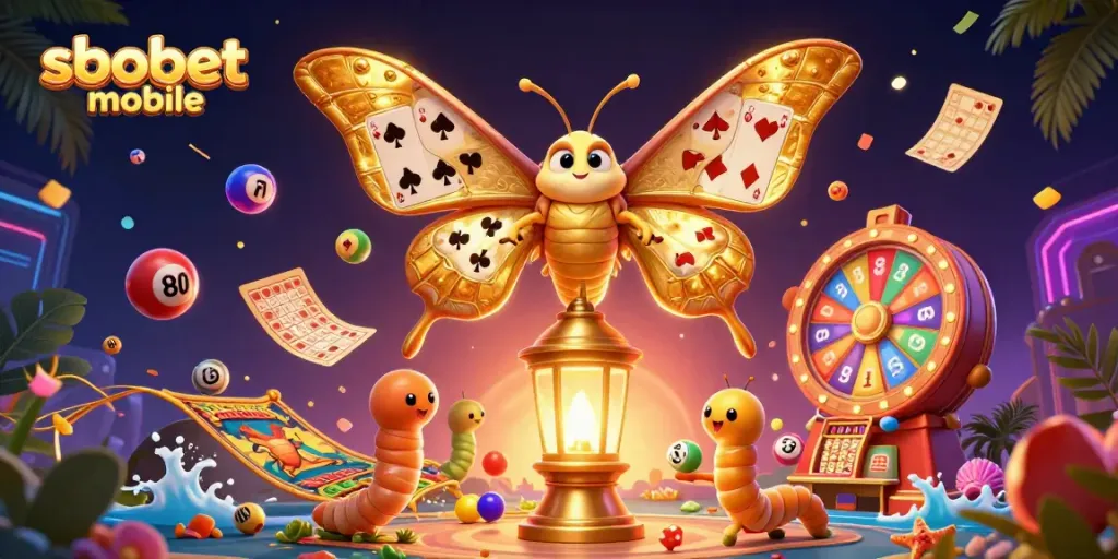 Engage in sbobet mobile betting with vibrant casino-themed elements featuring a dazzling atlas moth and golden motifs.