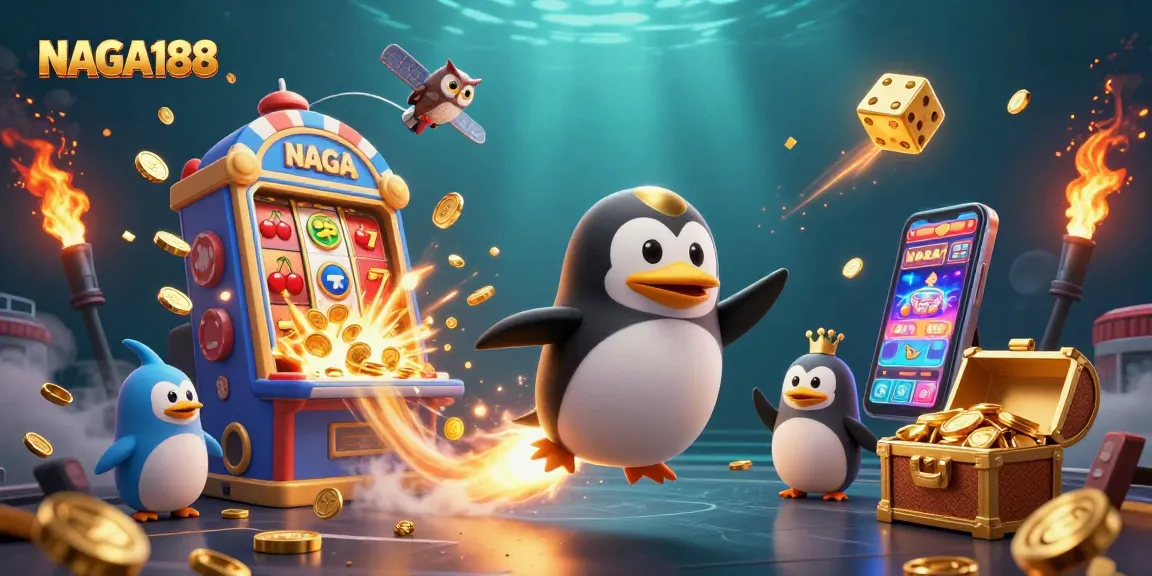 NAGA188 menghadirkan jackpot menarik dengan penguin emas, mesin slot, dan topik kasino seksi.