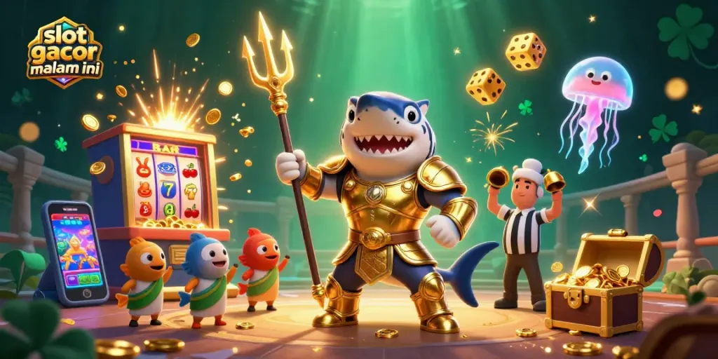Mainkan slot gacor malam ini dengan ilustrasi mengesankan dari hiu harimau berperang yang menghibur dan slot mesin jackpot.