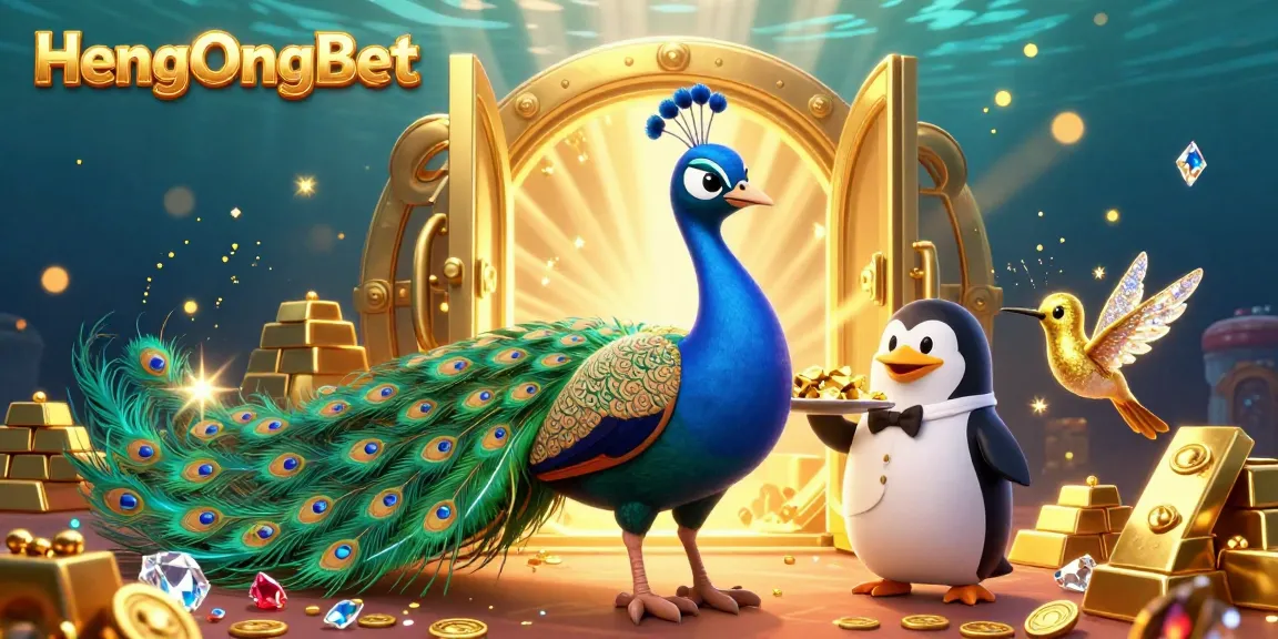 Engage with HengOngBet's vibrant casino scene featuring a peacock, penguin, and hummingbird amidst treasures.