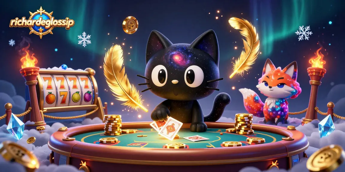 Slot gacor richardeglossip menampilkan kucing hitam dengan chip emas dan simbol buah yang berputar.