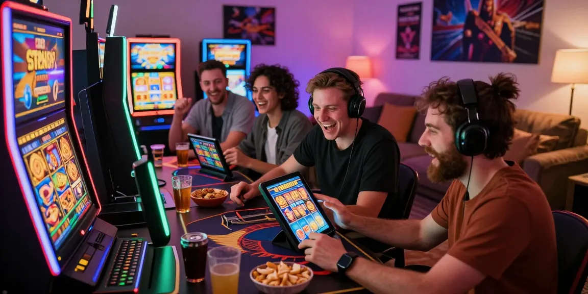 Exciting group enjoying bandar slot resmi gaming on a cozy living room tablet.