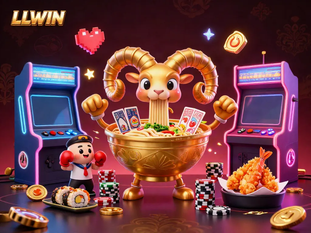 Engage with LLWIN's vibrant gaming scene featuring a giant ramen bowl casino character surrounded by festive elements.