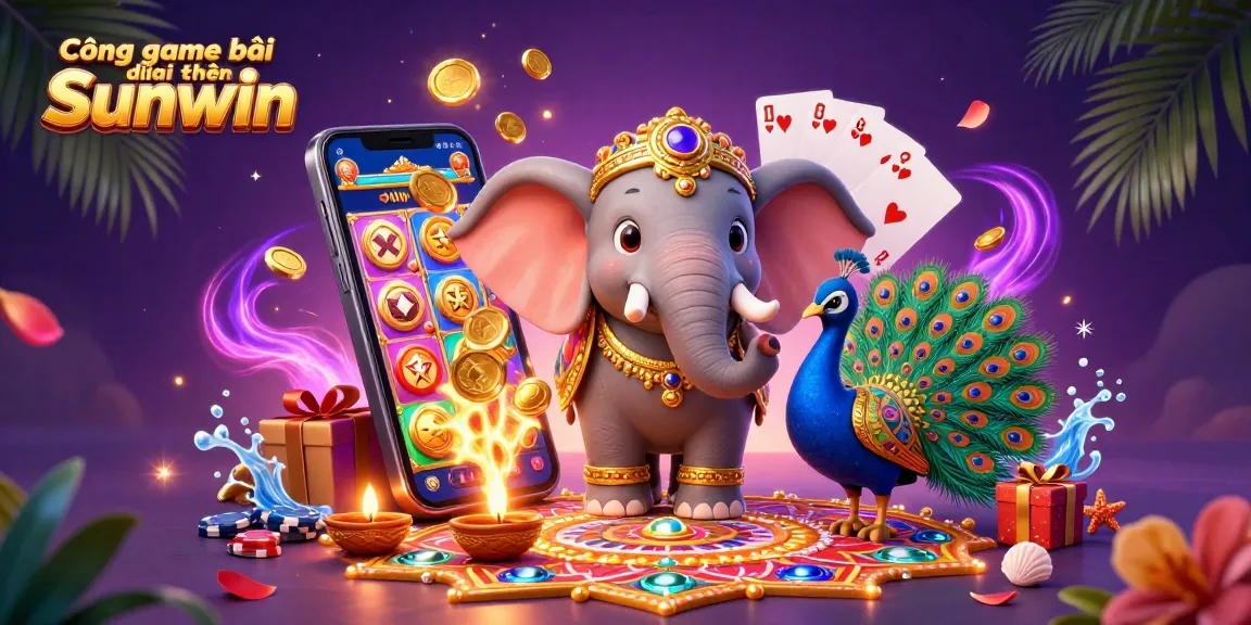 Cổng game bài đổi thưởng Sunwin showcases a lively 3D scene with a colorful slot game, golden coins, and engaging characters, perfect for online gamers.