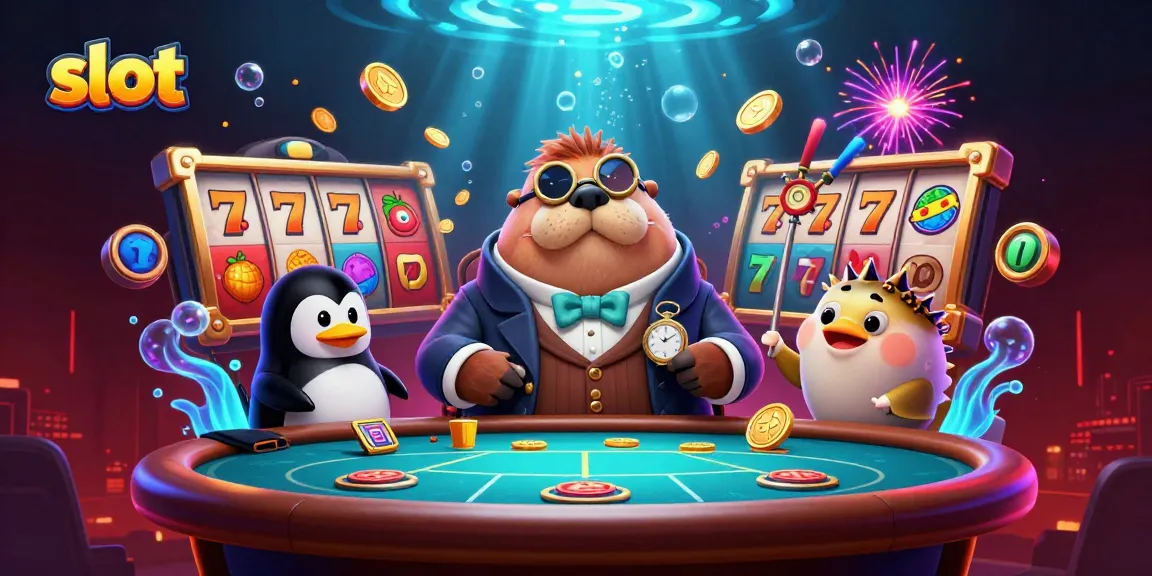 Mainkan slot dengan 3D kartun walrus dan teman-teman di meja kasino, suasana megah dan berwarna.