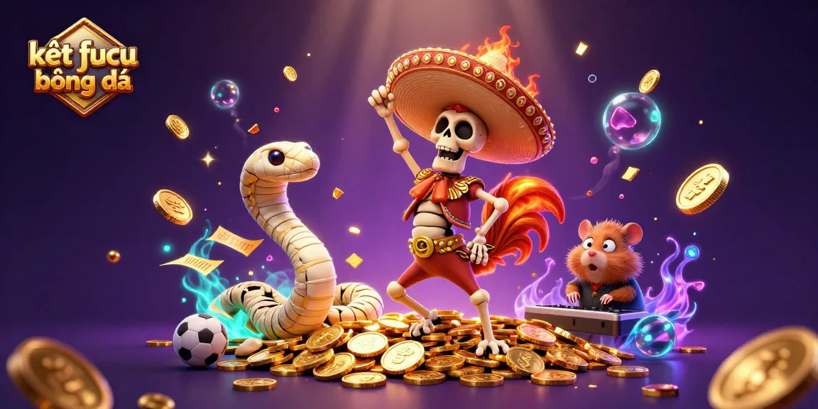 Kết quả bóng đá highlights with a colorful scene of a dancing skeleton rooster, mummy snake, and DJ hamster celebrating sports betting victories.