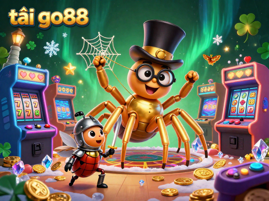 Spin the reels and win with tải go88 featuring a golden tarantula and beetle knight in a vibrant casino scene.