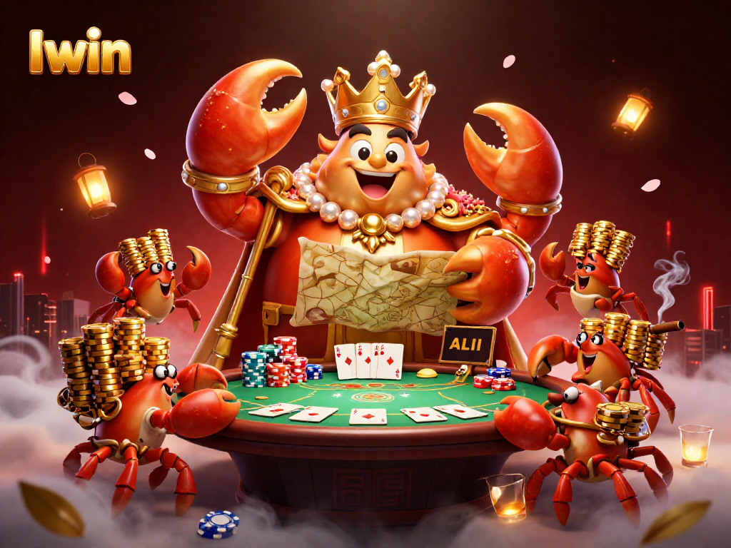 Iwin casino scene with a grand crab emperor and poker elements demonstrating vibrant energy and excitement