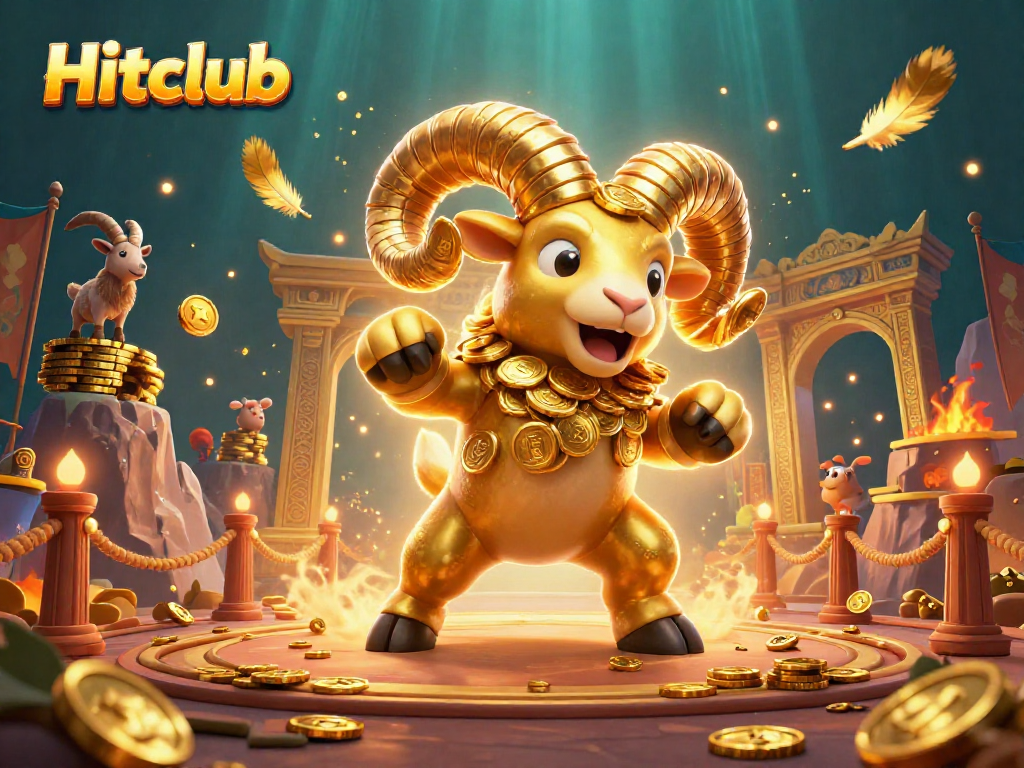 Experience Hitclub with a dynamic 3D illustration featuring a golden ram charging through a vibrant casino scene.
