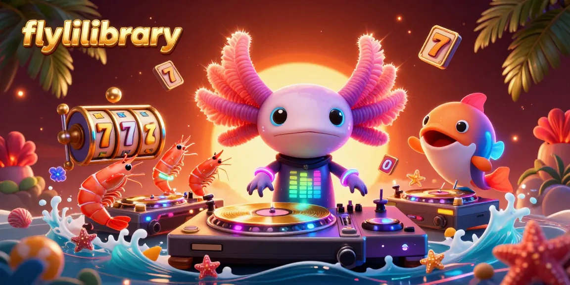 Jelajahi momen seru di flylillibrary dengan DJ axolotl neon dan simbol slot yang berkilauan.