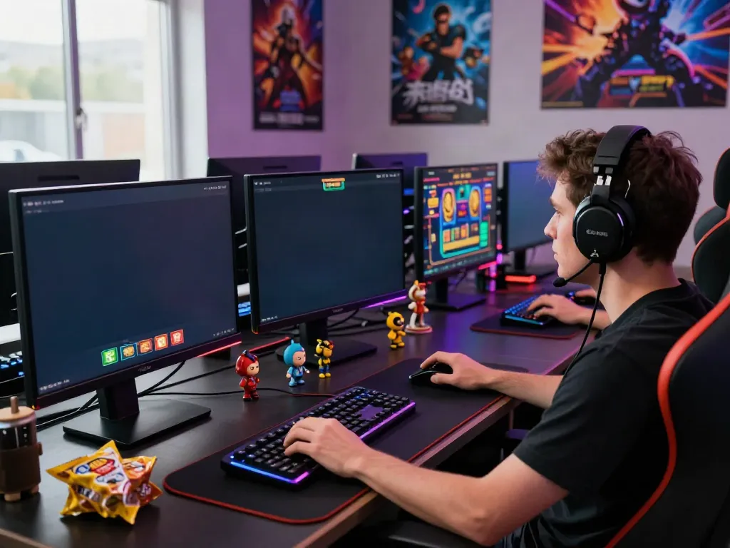 Exciting gameplay on a slot server Thailand as a gamer focuses on vibrant monitors.