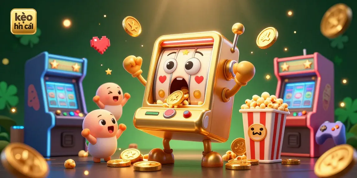Experience the excitement of kèo nhà cái with cartoon gold slot machine celebrating a jackpot amidst a vibrant casino scene.