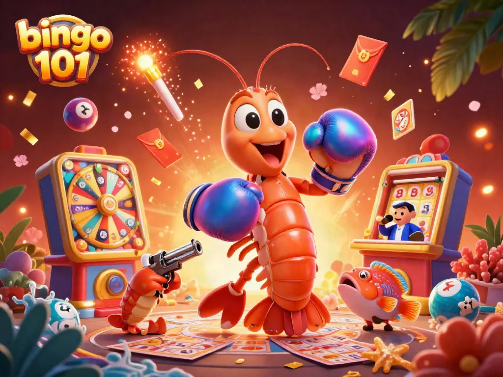 Engage with bingo 101 featuring 3D cartoon shrimp characters amidst colorful bingo elements in dynamic celebration.